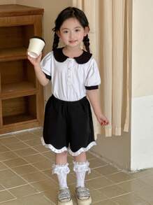 DAZY 2pcs/Set Young Girl Casual Simple Stylish Short Sleeve Top And Shorts Set, For Daily Wear - White - View 5