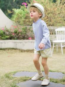 Souflis Souflis 2 件套男童复古法式纹理立领长袖衬衫 + 短裤，春夏 - 淺藍色 - 查看 6
