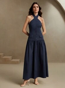 Anewsta Robe longue 2 en 1 avec encolure croisée en V et taille cintrée pour femme, tenue de travail printemps