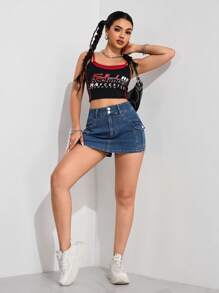 SHEIN EZwear Women's Casual Washed Denim Cargo Mini Skirt Shorts - Medium Wash - View 6