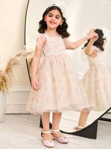 SHEIN 年轻女孩编织碎花网眼方领紧身休闲连衣裙 - 杏色 - 查看 3