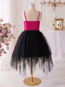 SHEIN 2pcs/Set Tween Girl Cute Short Heart Shape Pearl Decorated Camisole TOP Daily Casual Hanky Hem Mesh Overlay Skirt - Hot Pink - View 2