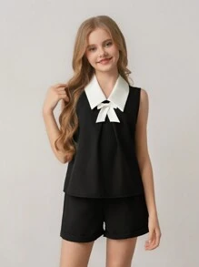 SHEIN Tween Girls Elegant Fashion Simple Lapel Sleeveless Cropped Contrast Bow Shirt And Elastic Waist Plain Shorts Set, Summer - Black - View 7