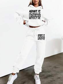 INAWLY 女士标语印花连帽衫和运动裤 2 件套