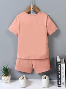 SHEIN 2pcs/Set Young Boy Casual Striped Short Sleeve T-Shirt And Shorts, School, Campus, College - Dusty Pink - View 2