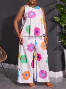 Slaydiva 优雅度假圆领无袖宽松下摆短款上衣直筒裤趣味大花卉印花女式加大两件套 - 白色 - 查看 3