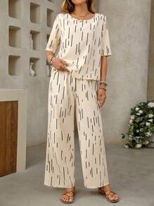 SHEIN Clasi Conjunto de 2 piezas para mujer con escote en V y estampado disperso - Caqui - Ver 7