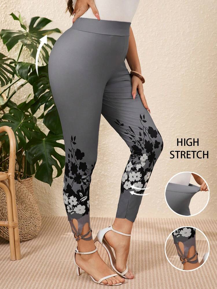 Plus Size Women's Grey Printed Leggings, Minimalist & Fashionable For Casual Daily Wear,Vacation Woman Plus Size, Tight-Fitting Pants,Vacation Woman,Suitable For Summer,Concert Women,Casual Everyday Wear.