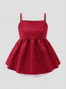 SHEIN Explorewe Jacquard-Unterhemd mit Blumenmuster für Teenager-Mädchen, elegant und locker, bequem, anmutig und weich, geeignet für Freizeit und Urlaub - Rot - Übersicht 1