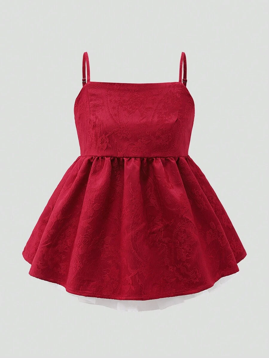 SHEIN Explorewe Jacquard-Unterhemd mit Blumenmuster für Teenager-Mädchen, elegant und locker, bequem, anmutig und weich, geeignet für Freizeit und Urlaub - Rot - Übersicht 1