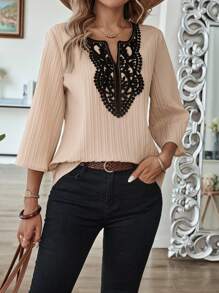 EMERY ROSE Women V-Neck Contrast Splicing Minimalist Casual Top, Daily Wear - Khaki - View 3