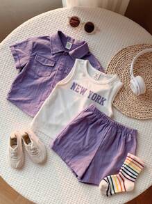 3pcs/Set Young Boy Solid Color Collar Short Sleeve Shirt, Letter Print Knit Soft Round Neck Tank Top And Elastic Waist Shorts - Purple - View 5
