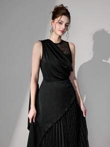 Poshira 女士优雅混合材质撞色蕾丝束腰正式晚礼服、婚礼宾客礼服、音乐节春夏派对礼服 - 黑色 - 查看 3