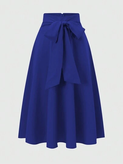Franclia Falda azul elegante de mujer de unicolor con lazo en la cintura