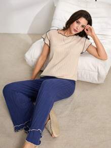 Lazeform Conjunto de ropa informal para el hogar con pantalones de mujer con cuello redondo, volantes y mangas cortas de color contrastante