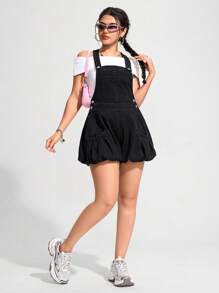 SHEIN EZwear 女士休闲牛仔背带工装裤连体裤，简约时尚，适合日常穿着 - 黑色 - 查看 5