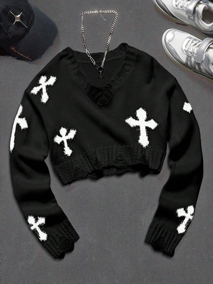 Coolane Kids Tween Girls Spring/Summer Streetwear/Y2K Cross Lightweight V-Neck Long Sleeve Sweater,In Fall/Winter - Black - View 1
