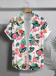 VIVINTIMO Men's Tropical Plant Print Short Sleeve Single-Breasted Shirt For Vacation - Multicolor - View 1