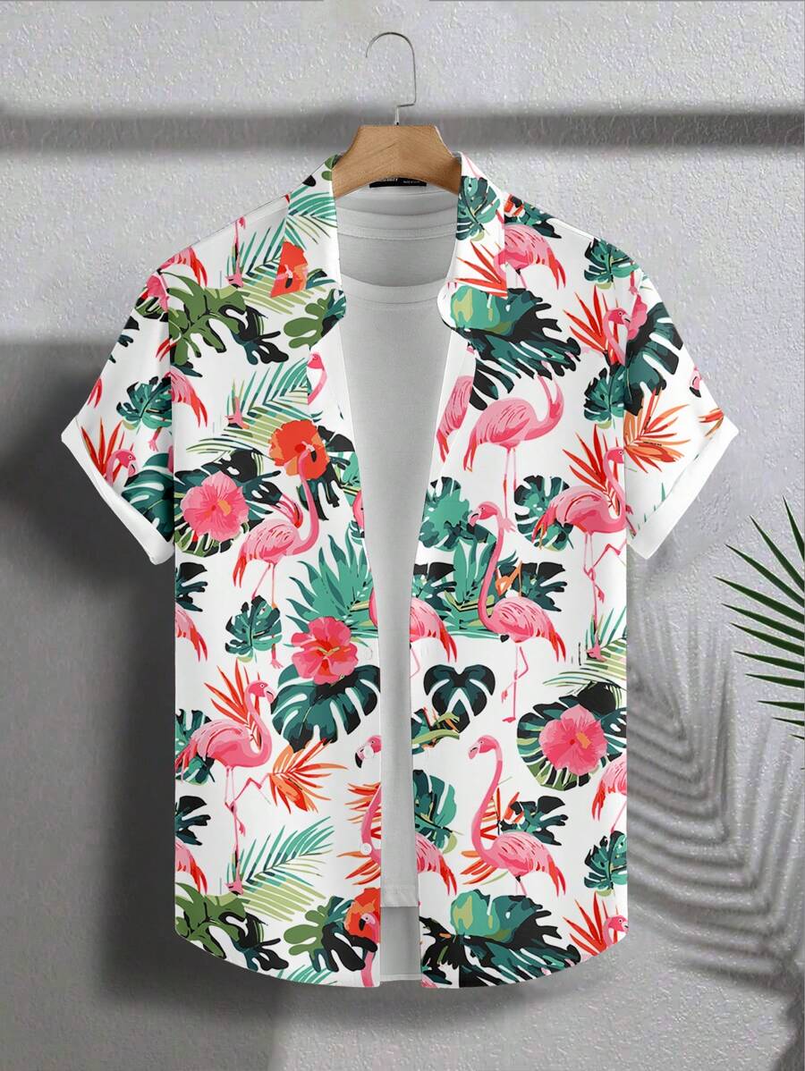 VIVINTIMO Men's Tropical Plant Print Short Sleeve Single-Breasted Shirt For Vacation - Multicolor - View 1