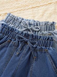 SHEIN Tween-Mädchen Frühlings- und Sommerferien, 2-teilig, süße Rüschen, Schleife, lässige Baggy-Denim Shorts, Sommer, Strand, Boho, Konzert, Rave, Festival, lässige zweiteilige Outfits, Schule, Campus, College