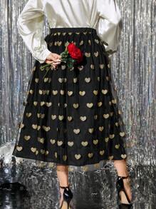 SHEIN Clasi 大码女士优雅网纱心形纹理A字裙，黑色，适合秋冬季节、情人节、情人节清凉舒缓连衣裙，晚礼服，优雅时尚女士休闲长裙 - 彩色 - 查看 2