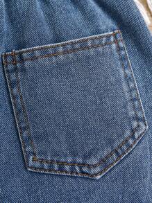 SHEIN Young Girl Casual Blue Washed Loose Ditsy Floral Print Denim Shorts With Rolled Hem Design, Minimalist & Versatile - Medium Wash - View 6