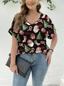 SHEIN Essnce Áo thun tay ngắn cổ chữ V họa tiết ông già Noel và bông tuyết đơn giản giản dị dành cho nữ cỡ lớn, phù hợp cho dịp Giáng sinh - trắng - Xem 3