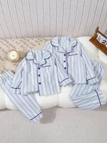 SHEIN 2pcs/Set Baby/Toddler Boys' Simple Classic Blue Stripe Cardigan & Pants Casual Home Outfit