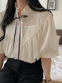 DAZY 优雅办公室女式短袖花卉V领褶皱衬衫，夏季 - 米色 - 查看 6