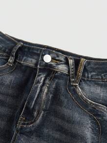 ROMWE Fairycore Spring/Summer Y2K Baddie Butterfly Embroidery Distressed Washed Super Low Waist Denim Shorts - Blue - View 4