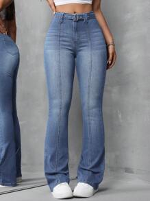 SHEIN Tall Damskie seksowne obcisłe rozciągliwe jeansy dzwony, niebieskie - Ciemny jeans - Zobacz 3