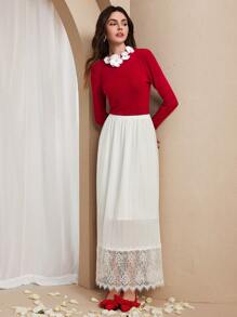 Chiquease 女士纯色撞色蕾丝松紧腰半身裙，优雅