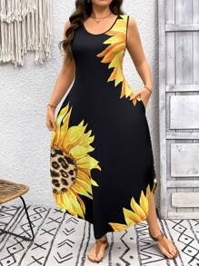SHEIN LUNE Plus Size Women Leopard & Sunflower Print Crew Neck Sleeveless Casual Midi Dress Western Wear Women Boho Bohemian 90s Clothes Festival Summer Dresses For Women Sundress Summer Boho Old Money Summer Outfits For Women Spring Break Rave Outfits Festival Spring Break Outfits - Multicolor - View 6