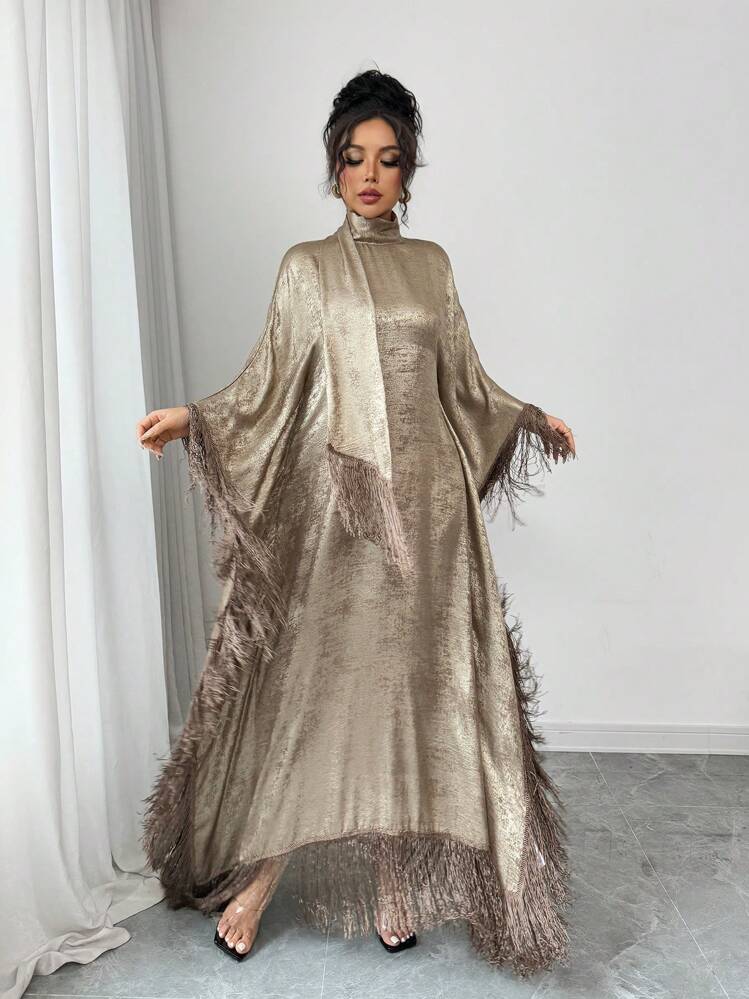 Rafferiza Robe élégante et avec col montant ample et garniture à franges - Doré - Voir 3