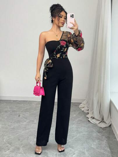 Rafferiza Mono recto con una manga tipo mariposa, hombro descubierto, escote bandeau y bordado de malla para mujer, conjunto informal de primavera y otoño