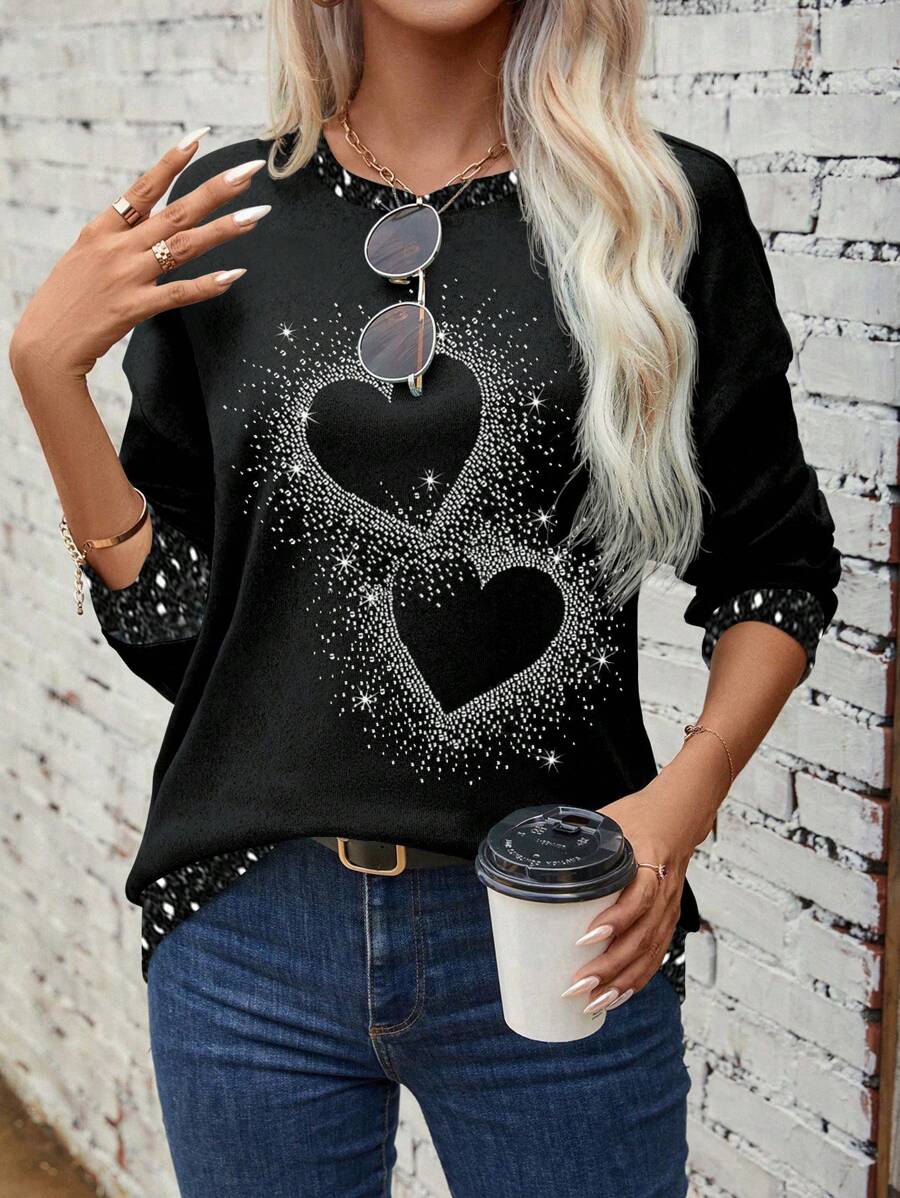 SHEIN LUNE Sweat-shirt-shirt décontracté à col rond et manches longues avec motif cœur pour femmes, automne - Multicolore - Voir 1