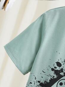 SHEIN 2pcs Tween Boy Gaming Controller Print Short Sleeve Top And Letter Print Shorts Set - Mint Green - View 4