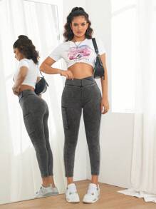 SHEIN PETITE PETITE 女式休闲紧身弹力牛仔裤，灰色，女式慢跑裤，女式紧身牛仔裤，女式紧身裤，小码女式裤子，弹力牛仔裤，黑色牛仔裤，高腰紧身牛仔裤 - 灰色 - 查看 5