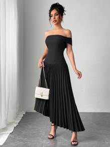 SHEIN Unity 1 pieza Vestido de tirantes elegante con pliegues y bajo asimétrico - Negro - Ver 4
