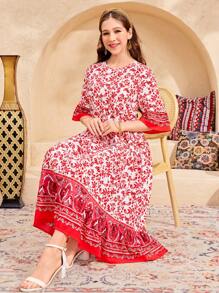 SHEIN 少女编织中国风复古印花直筒连衣裙 - 粉色 - 查看 3