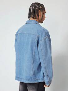 ROMWE MEN Street Life Men's Casual Denim Jacket With Letter Applique, For Autumn - Blue - View 6