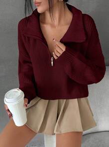 EURMUSE Special Neck Detail With Zipper Pullover Sweater - Burgundy - View 2