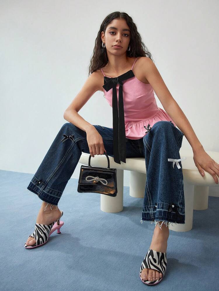 MOTF STUDIO BOW DECOR PUFFBALL HEM CAMI TOP