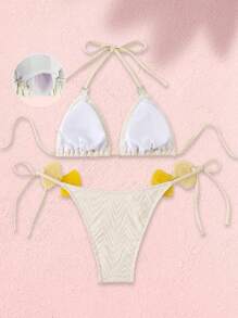 SHEIN Swim 女士白色纹理高弹力提花贝壳装饰性感吊带比基尼套装，适合游泳、海滩、温泉度假村、夏季度假 - 白色 - 查看 4