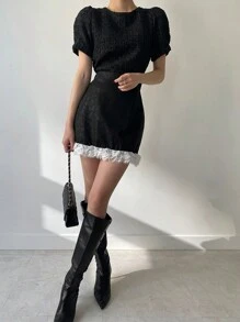 DAZY Women Textured Fabric Drawstring Short Sleeve Crew Neck Pullover Blouse, Spring/Summer Turtleneck Women - Black - View 8