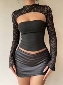 Aloruh 女式纯色长袖蕾丝镂空喇叭袖白色衬衫，秋冬 - 黑色 - 查看 4