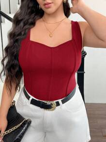 SHEIN Frenchy Áo ba lỗ xương cá màu trơn cỡ lớn cho nữ mùa hè - Đỏ - Xem 5