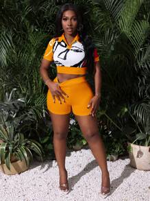 Slaydiva 1 Set V-Neck Portrait Print Cropped Tight Top And Tight Mini Shorts, Vacation Outfit - Style C - Coral Orange - View 4