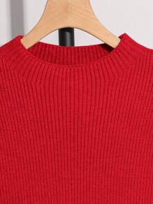SHEIN Tween Boy Floral Jacquard Ribbed Knit Basic Stand Collar Sweater - Red - View 5