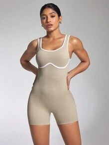SHEIN Sovereign Charm Bộ đồ liền thân dây mảnh cho nữ có hiệu ứng nâng mông màu đào, đồ thể thao hở lưng, đồ tập Pilates cho yoga trên không, thiết kế mới - Màu Khaki - Xem 4